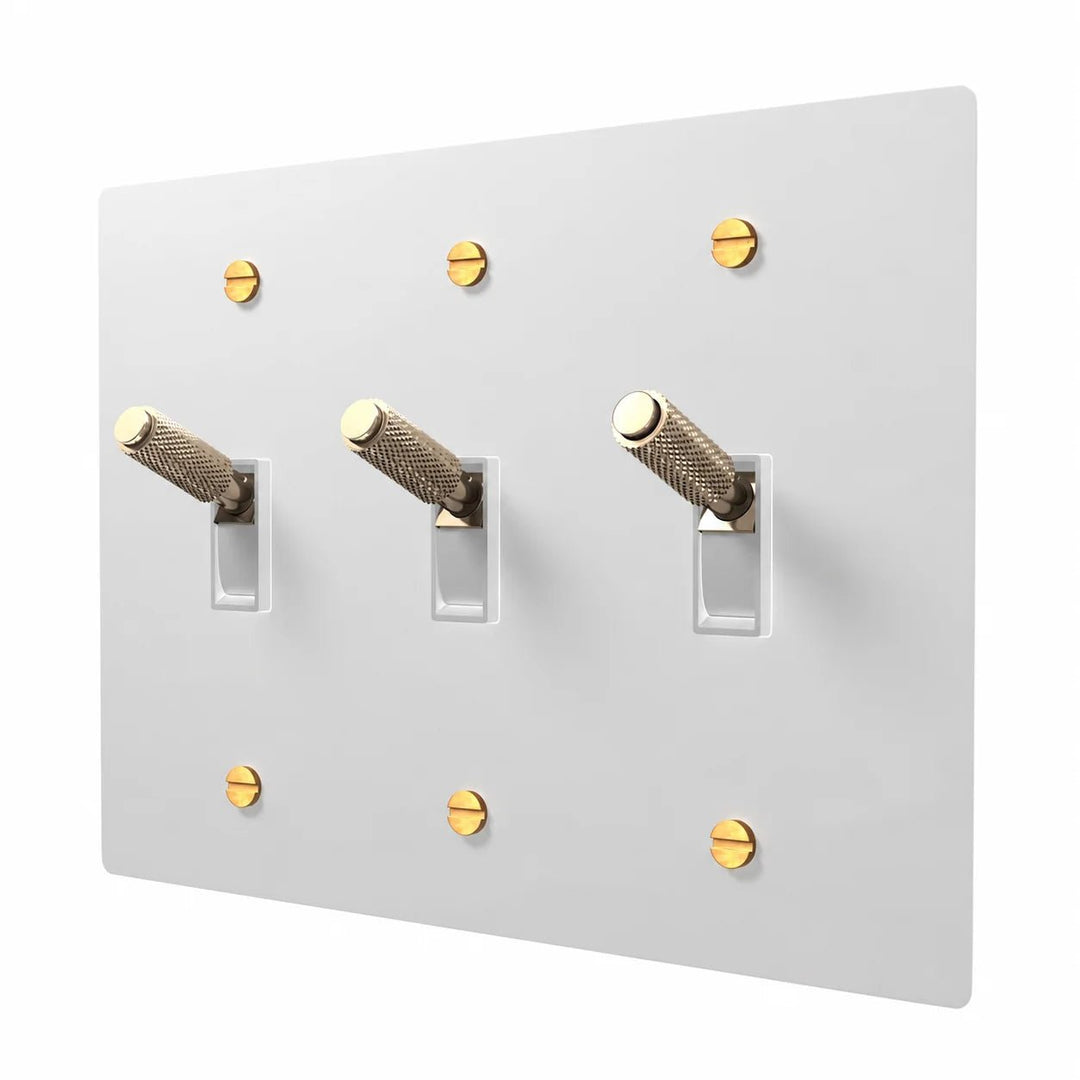 PlatePrestige 3-gang white and brass toggle light switch with matching brass screws