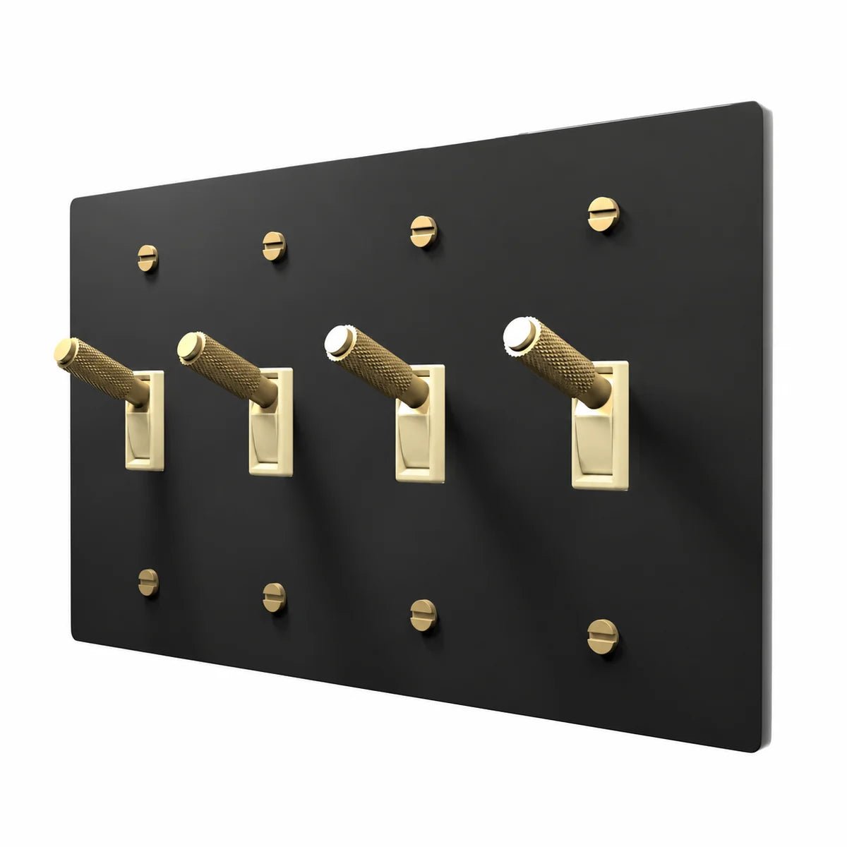 PlatePrestige Brass Toggle Switch 4-Gang in Black / Brass with ivory toggle frames, angled view