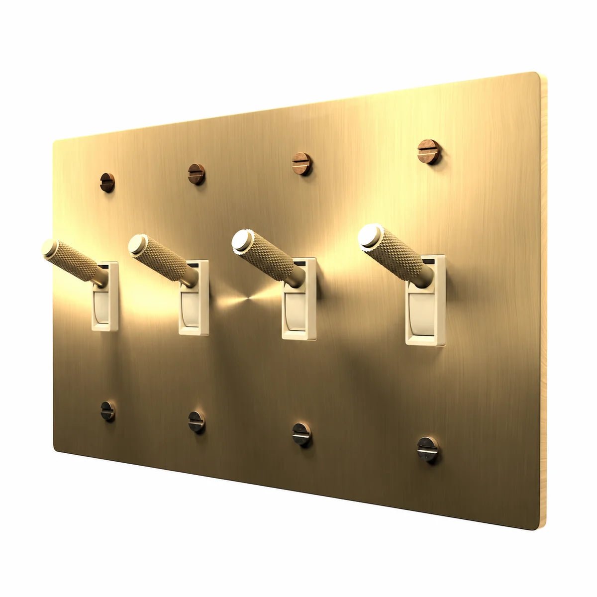 PlatePrestige Brass Toggle Switch 4-Gang in Brass with ivory toggle frames, angled view