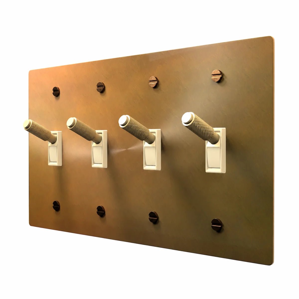 PlatePrestige Brass Toggle Switch 4-Gang in Unlacquered Aged brass with ivory toggle frames, angled view