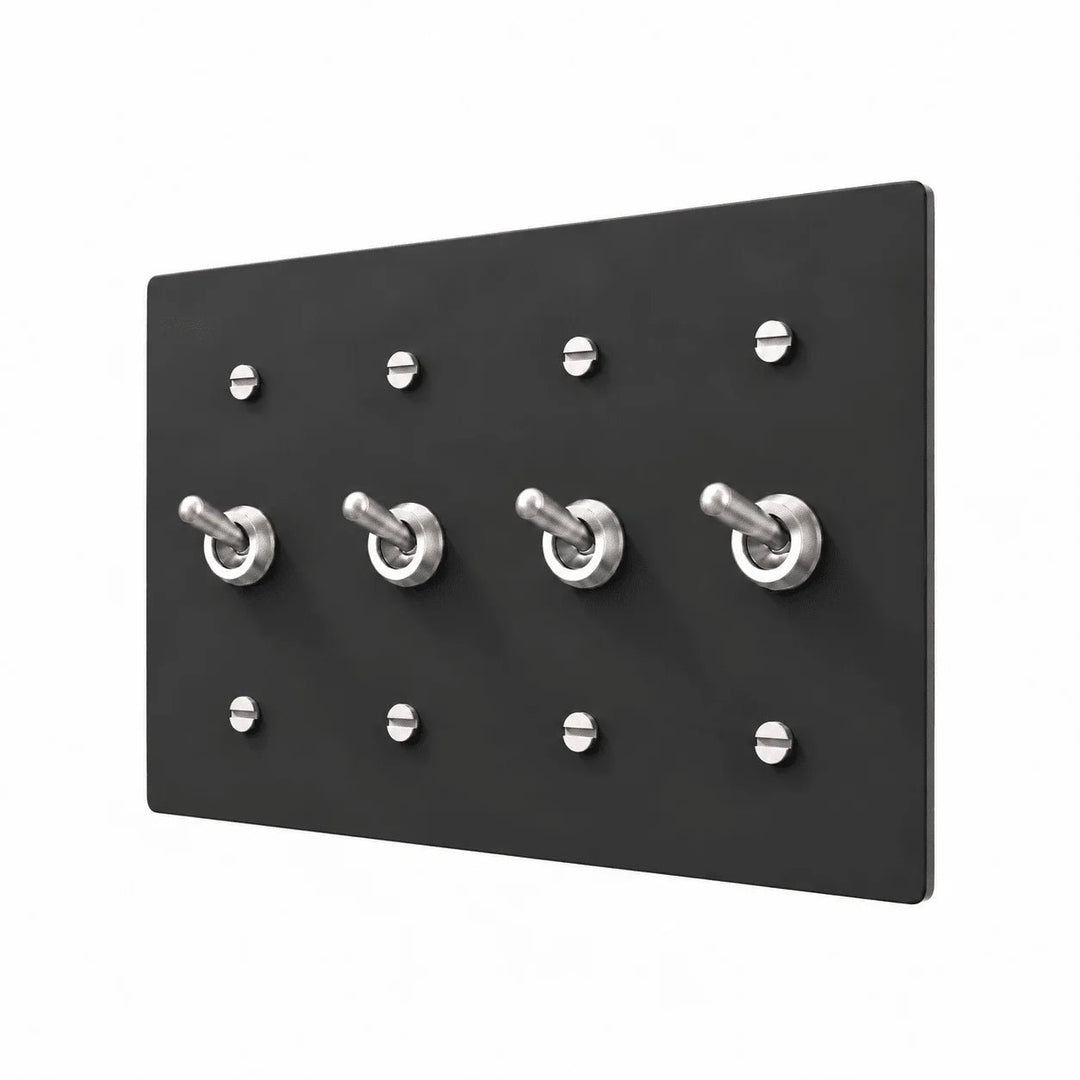 Matte black 4 gang retro toggle switch with silver rounded toggle hardware