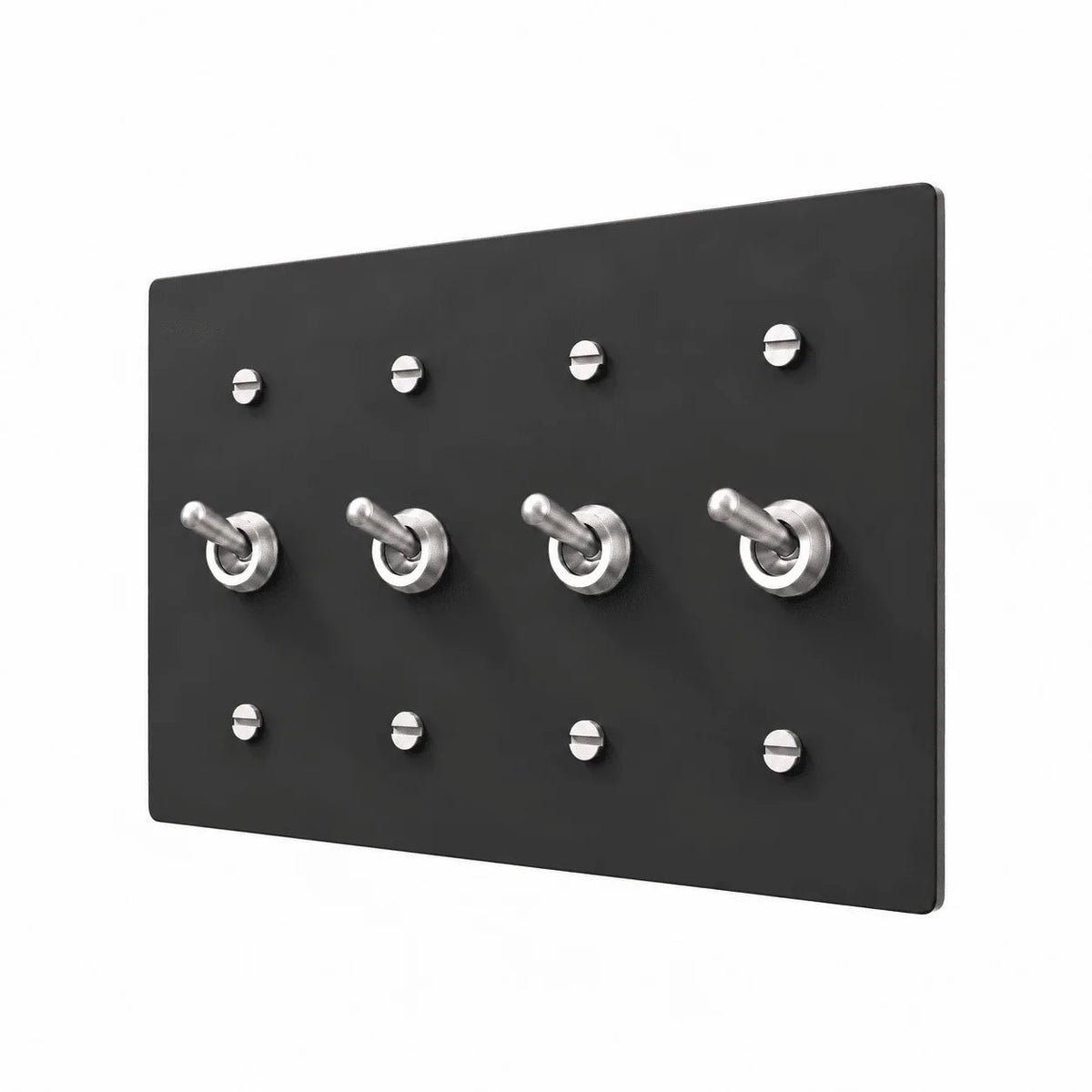 Matte black 4 gang retro toggle switch with silver rounded toggle hardware