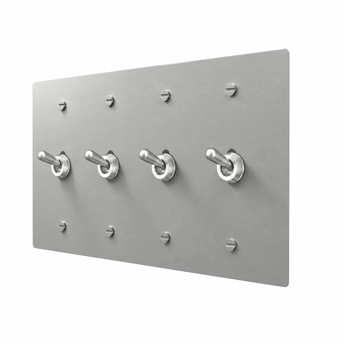 Stainless steel PlatePrestige Retro Toggle Switch 4-Gang with realistic rounded silver toggles