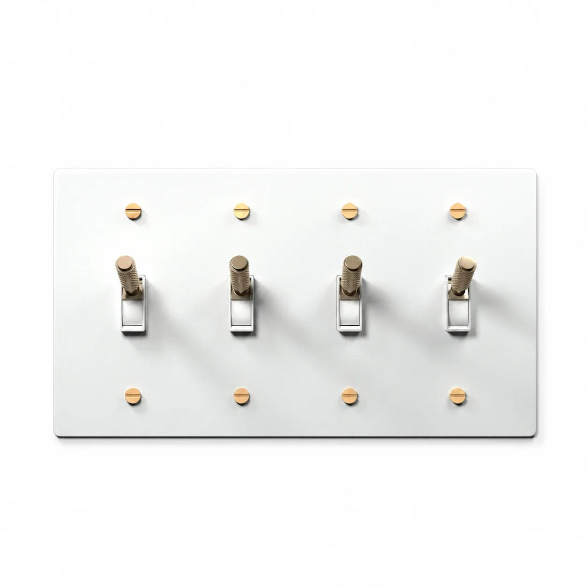 PlatePrestige 4-gang white and brass toggle light switch with matching brass screws