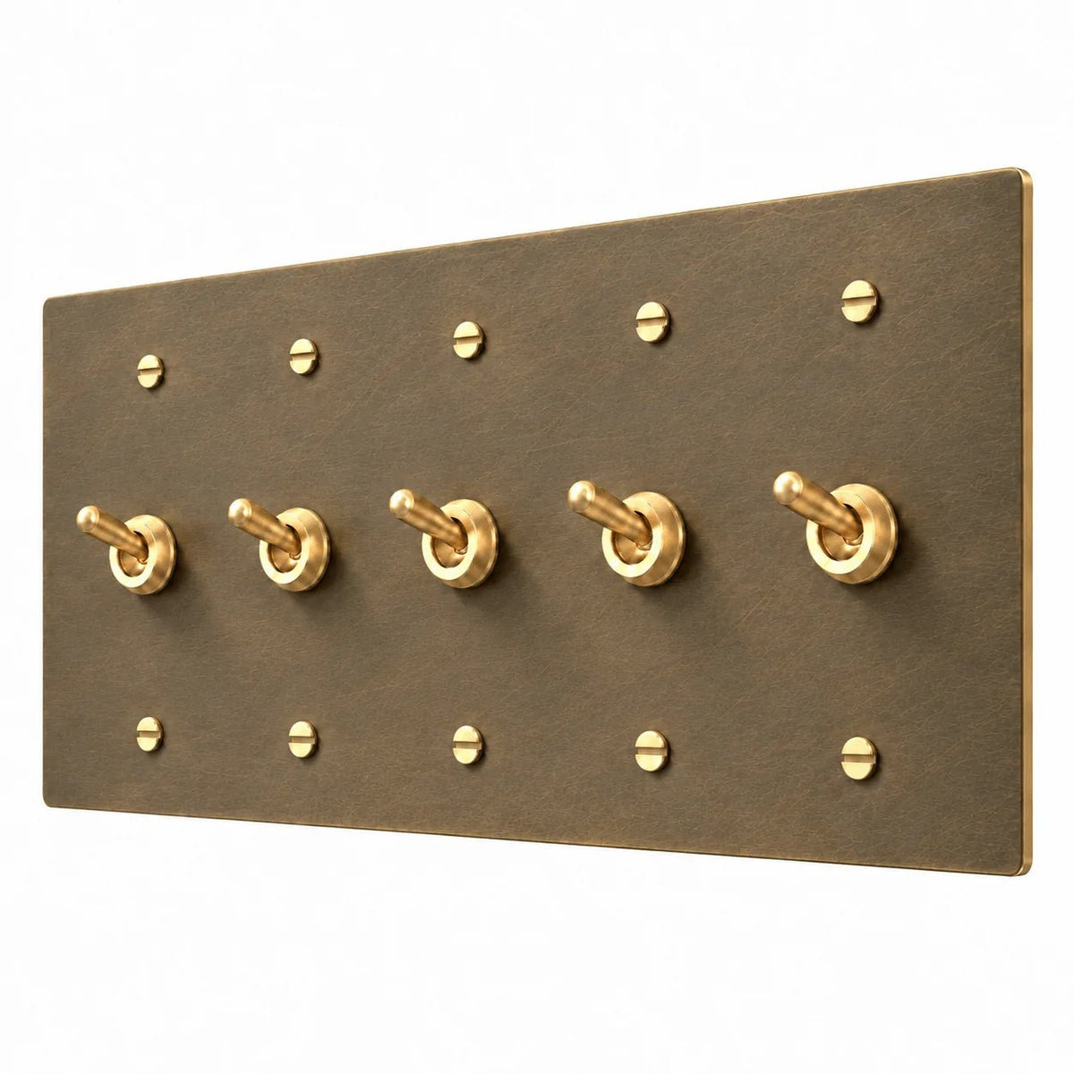 PlatePrestige 5-Gang Retro Toggle Light Switch in Aged Brass
