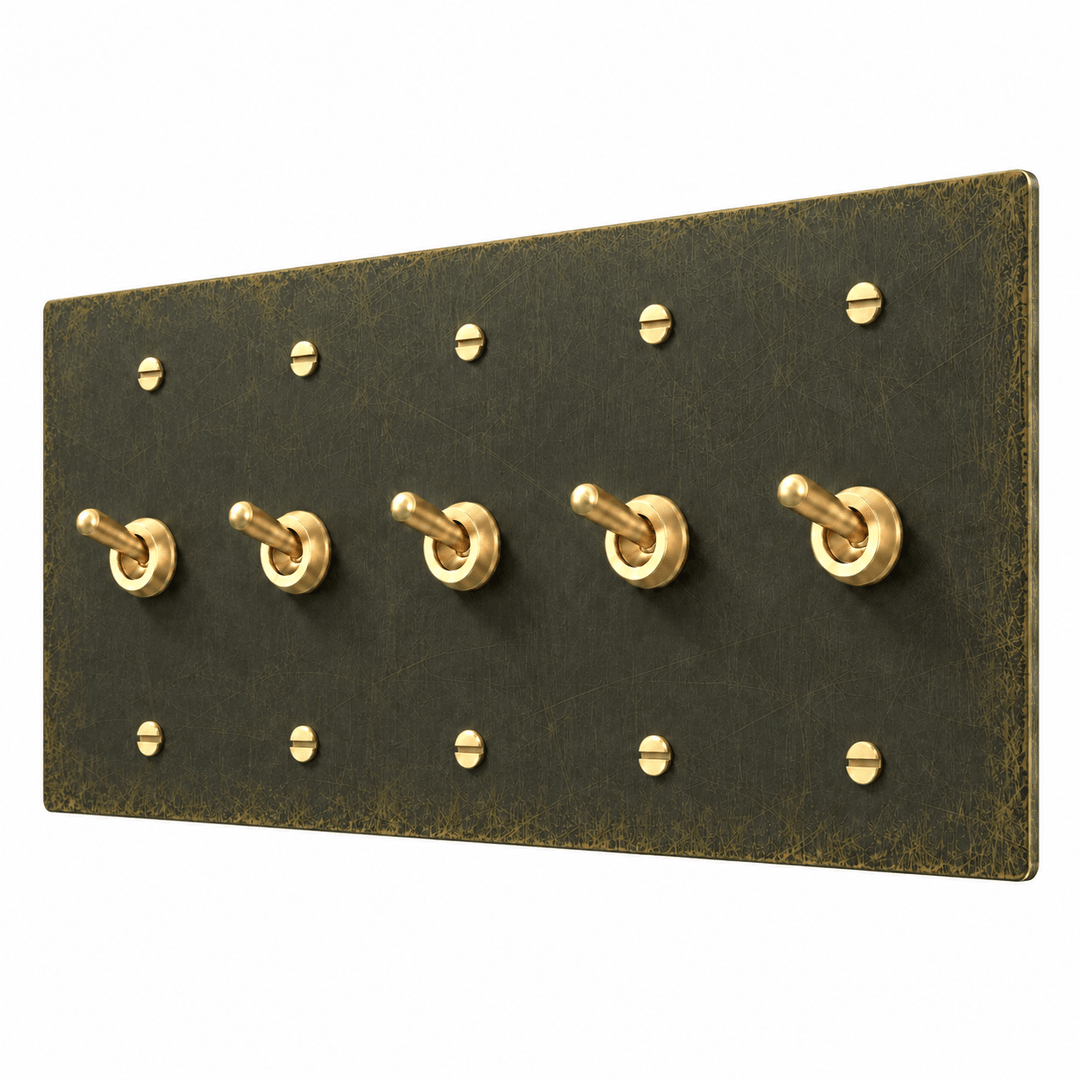 PlatePrestige 5-Gang Retro Toggle Light Switch in Antique Brass
