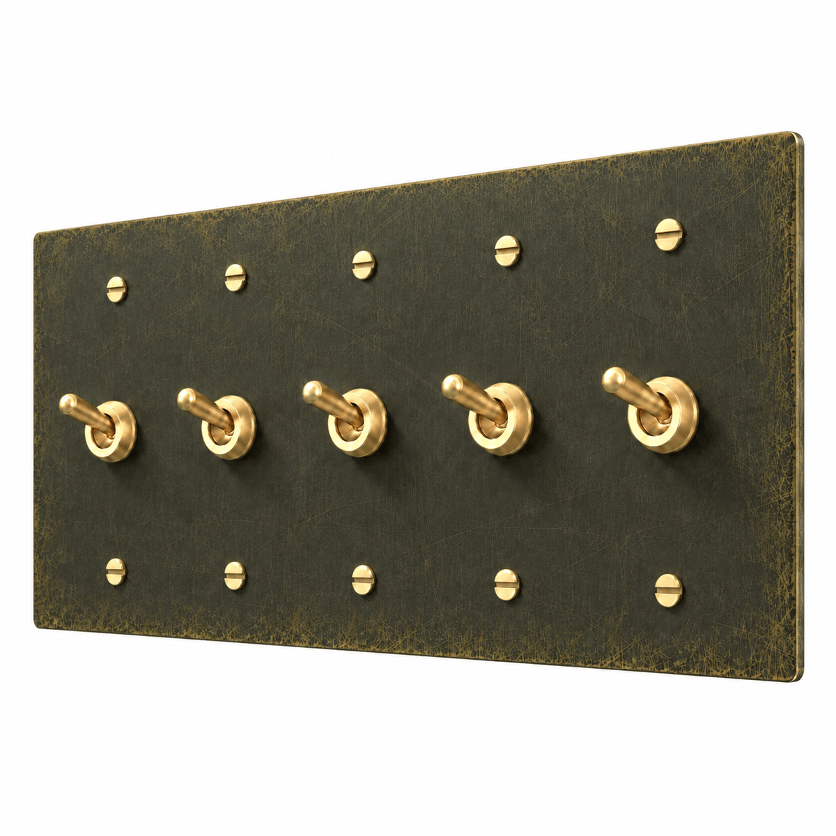 PlatePrestige 5-Gang Retro Toggle Light Switch in Antique Brass