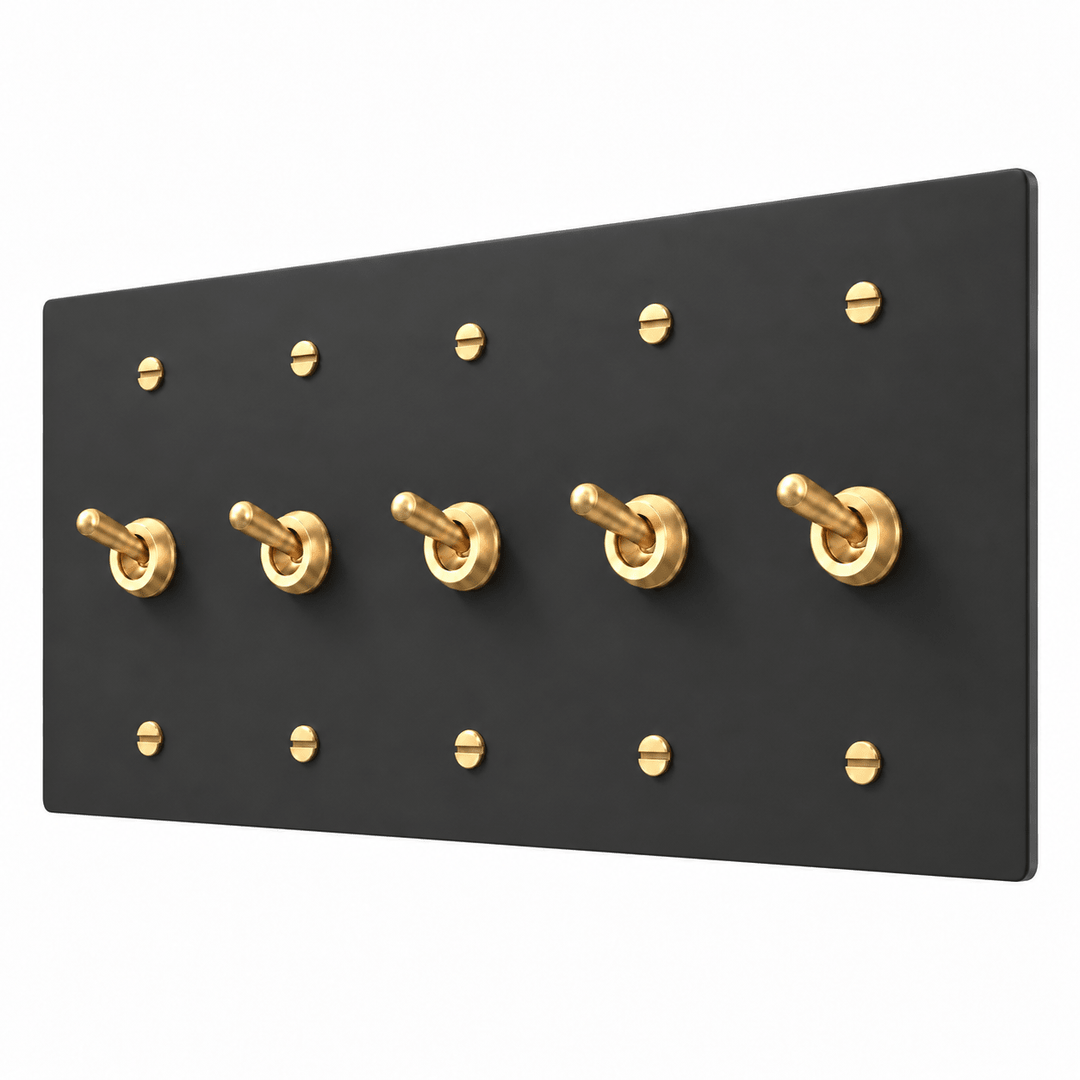 PlatePrestige 5-Gang Retro Toggle Light Switch in Black / Brass