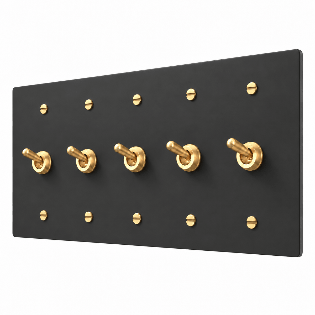 PlatePrestige 5-Gang Retro Toggle Light Switch in Black / Brass