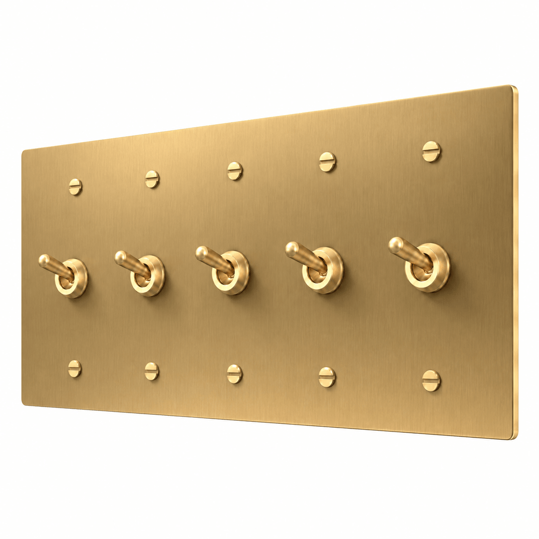 PlatePrestige 5-Gang Retro Toggle Light Switch in Brass