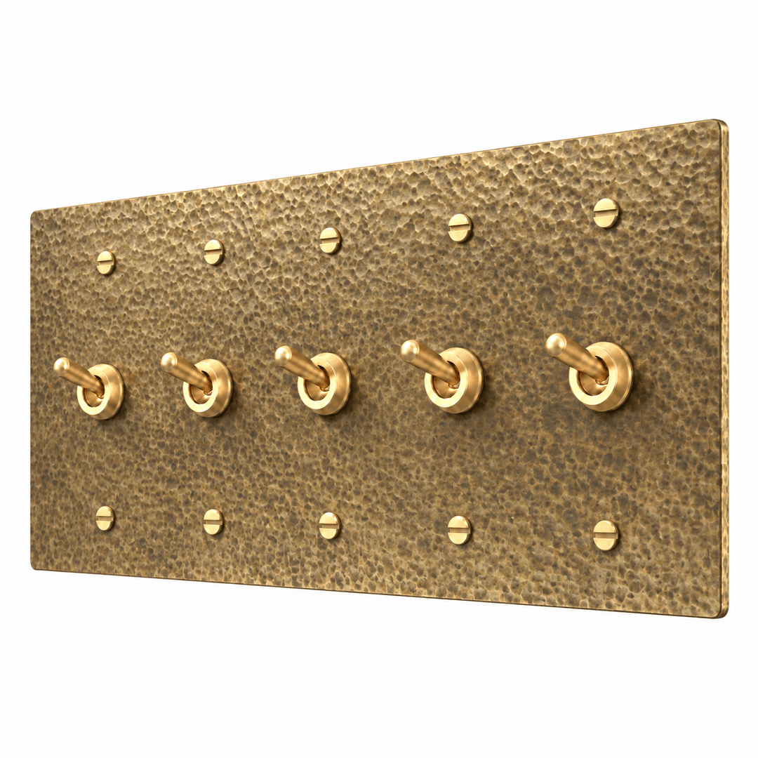 PlatePrestige 5-Gang Retro Toggle Light Switch in Hammered Antique Brass