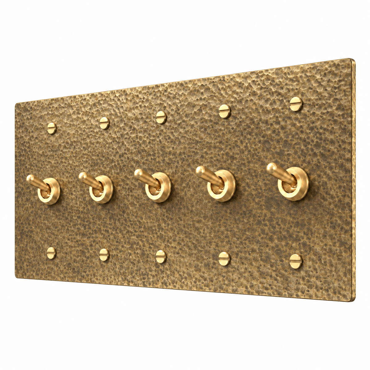 PlatePrestige 5-Gang Retro Toggle Light Switch in Hammered Antique Brass