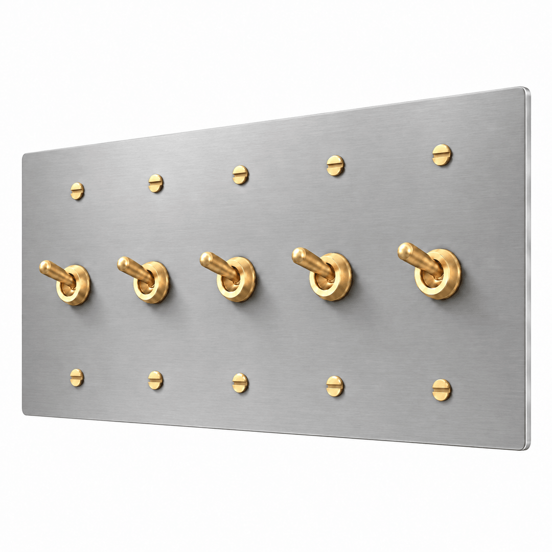 PlatePrestige 5-Gang Retro Toggle Light Switch in Stainless Steel / Brass