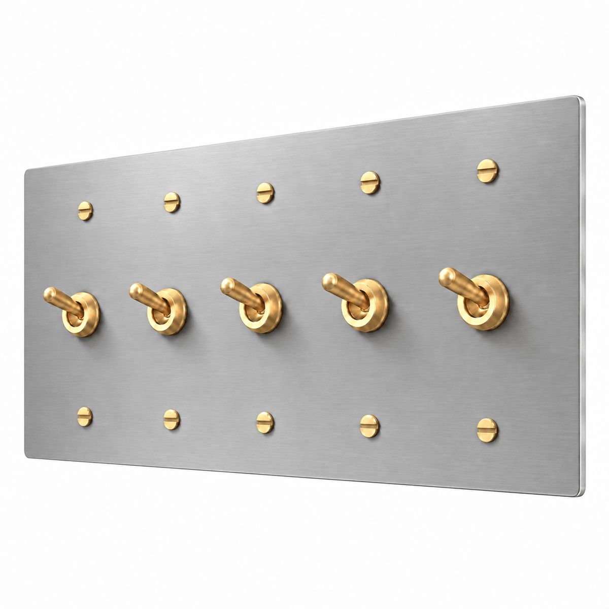PlatePrestige 5-Gang Retro Toggle Light Switch in Stainless Steel / Brass