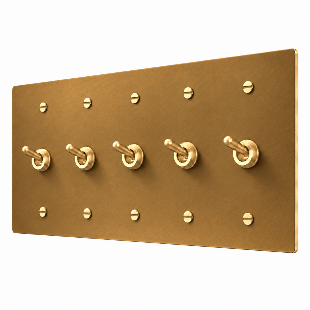 PlatePrestige 5-Gang Retro Toggle Light Switch in Unlacquered Aged brass