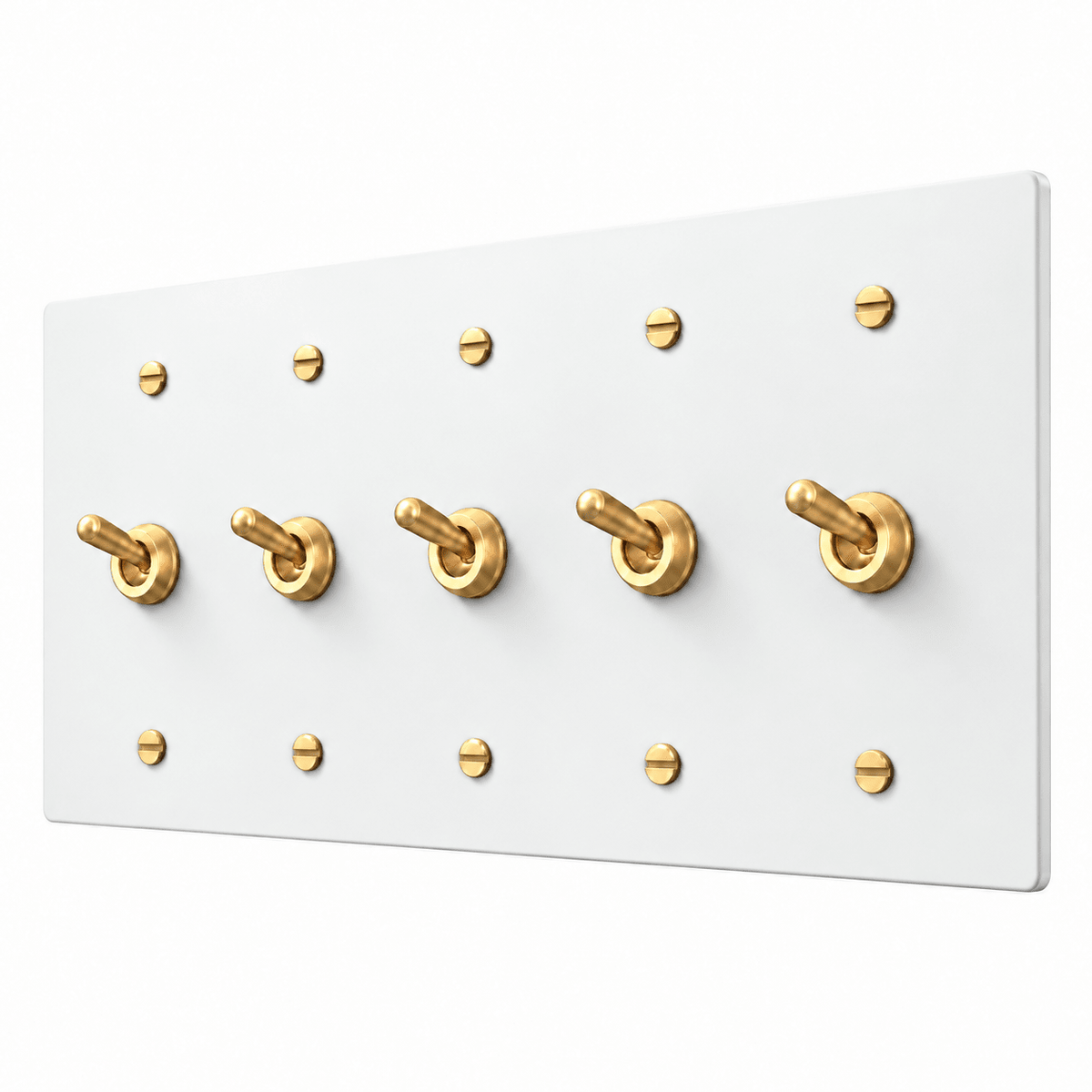 PlatePrestige 5-Gang Retro Toggle Light Switch in White / Brass