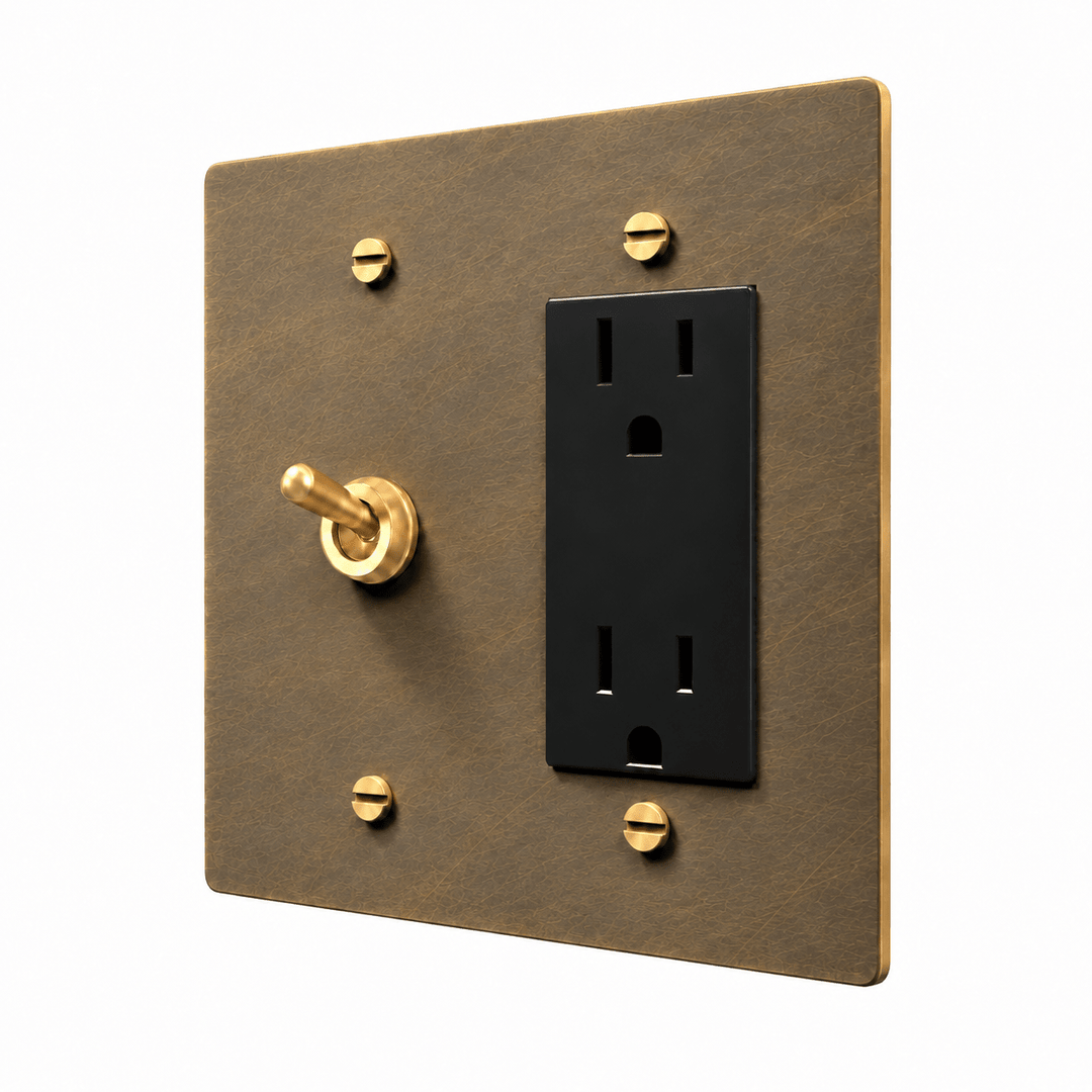 PlatePrestige Brass Retro Toggle & Outlet Combo Switch Plate in uniform brushed aged brass
