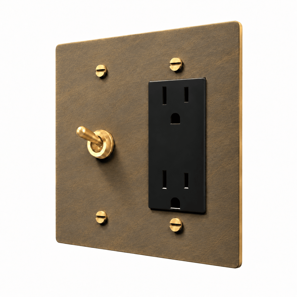PlatePrestige Brass Retro Toggle & Outlet Combo Switch Plate in uniform brushed aged brass
