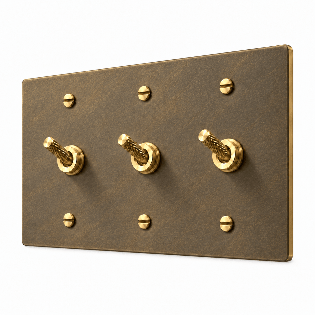 PlatePrestige 3-gang Knurled Toggle Light Switch in Aged Brass