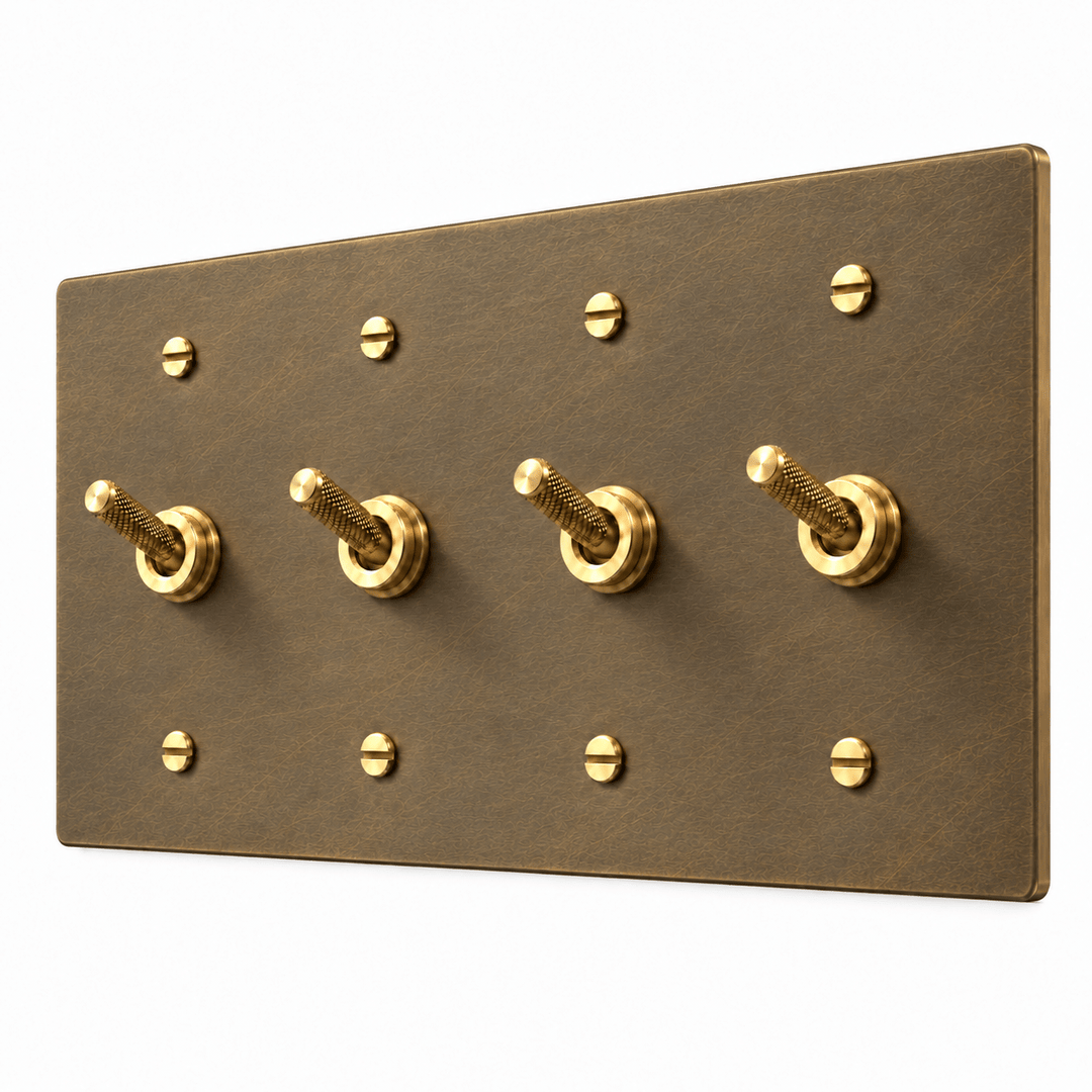 PlatePrestige 4-gang Knurled Toggle Light Switch in Aged Brass
