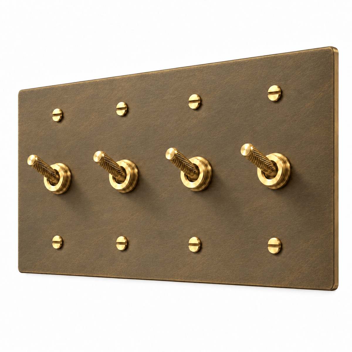 PlatePrestige 4-gang Knurled Toggle Light Switch in Aged Brass