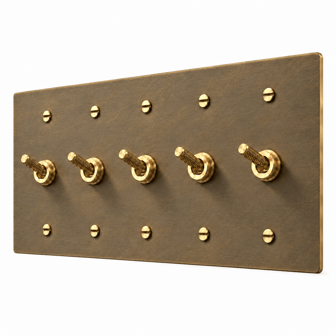 PlatePrestige 5-gang Knurled Toggle Light Switch in Aged Brass