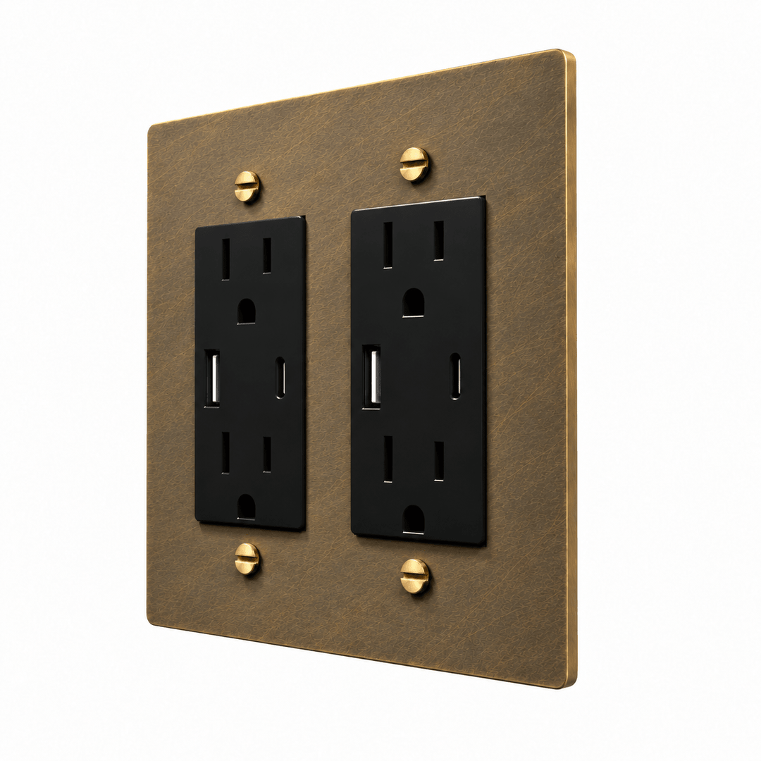 PlatePrestige Electrical Outlet – Regular, USB-C, GFCI – 1 to 2 Gang in uniform brushed aged brass