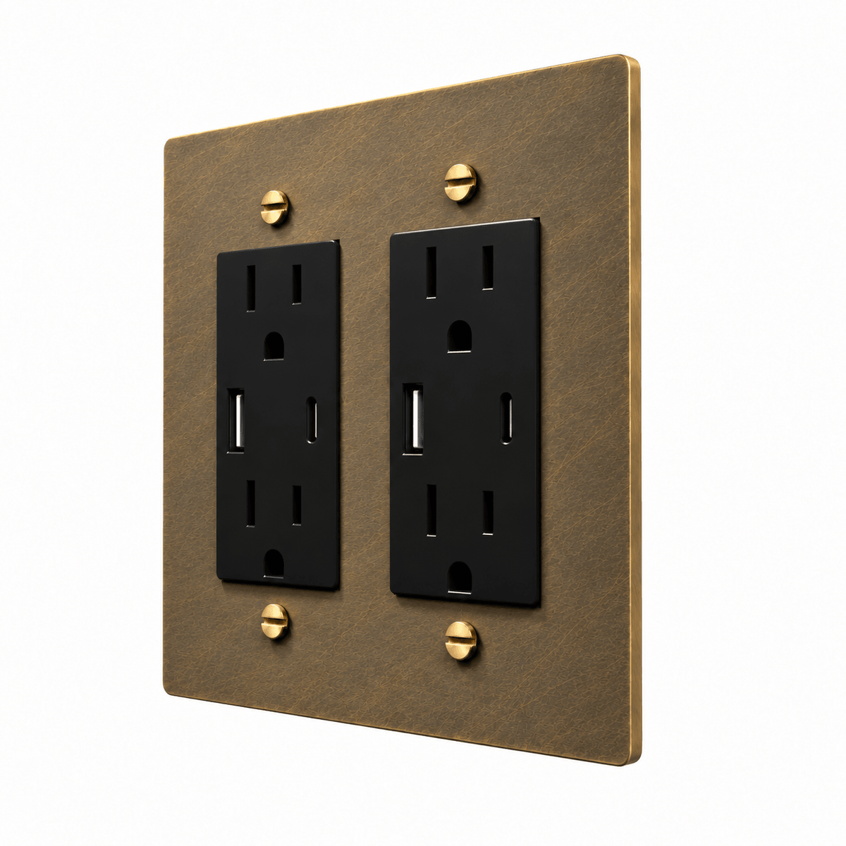 PlatePrestige Electrical Outlet – Regular, USB-C, GFCI – 1 to 2 Gang in uniform brushed aged brass