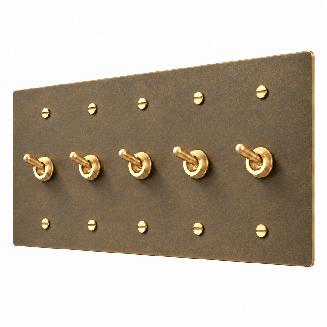 PlatePrestige 5-Gang Retro Toggle Light Switch in Aged Brass