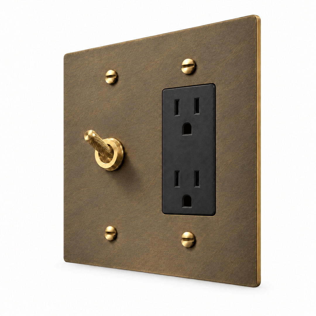 PlatePrestige 2-Gang Knurled Toggle Light Switch & Outlet in Aged Brass