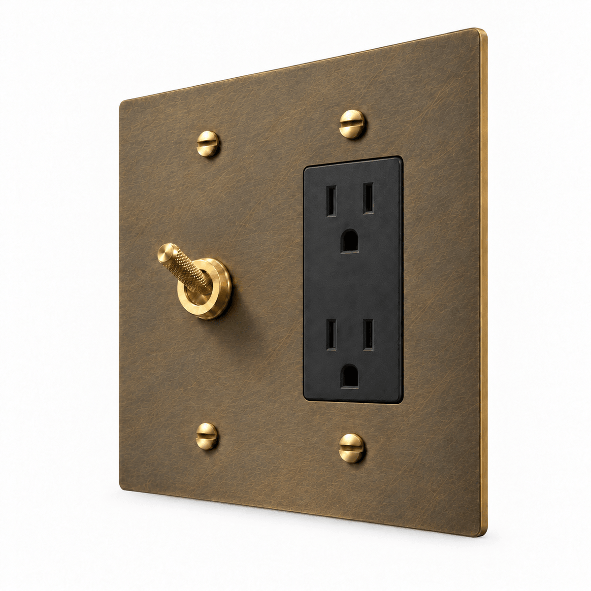 PlatePrestige 2-Gang Knurled Toggle Light Switch & Outlet in Aged Brass