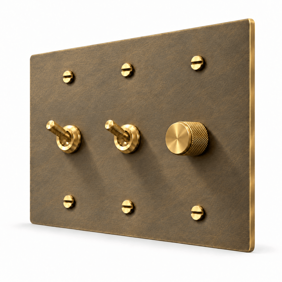 PlatePrestige 3-Gang 2 Knurled Toggle Light Switches & Dimmer in Aged Brass