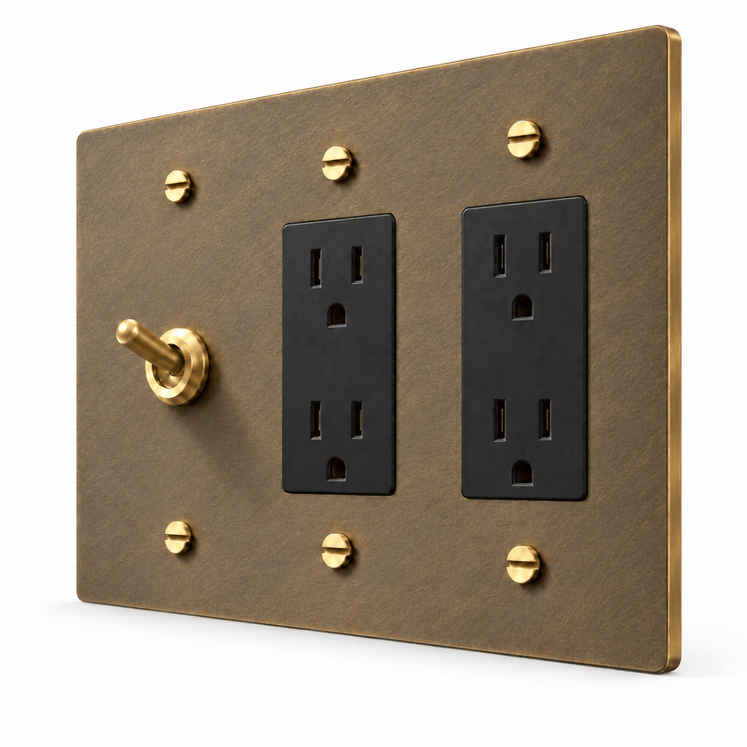 PlatePrestige 3-Gang Retro Toggle Light Switch & 2 Outlets in Aged Brass