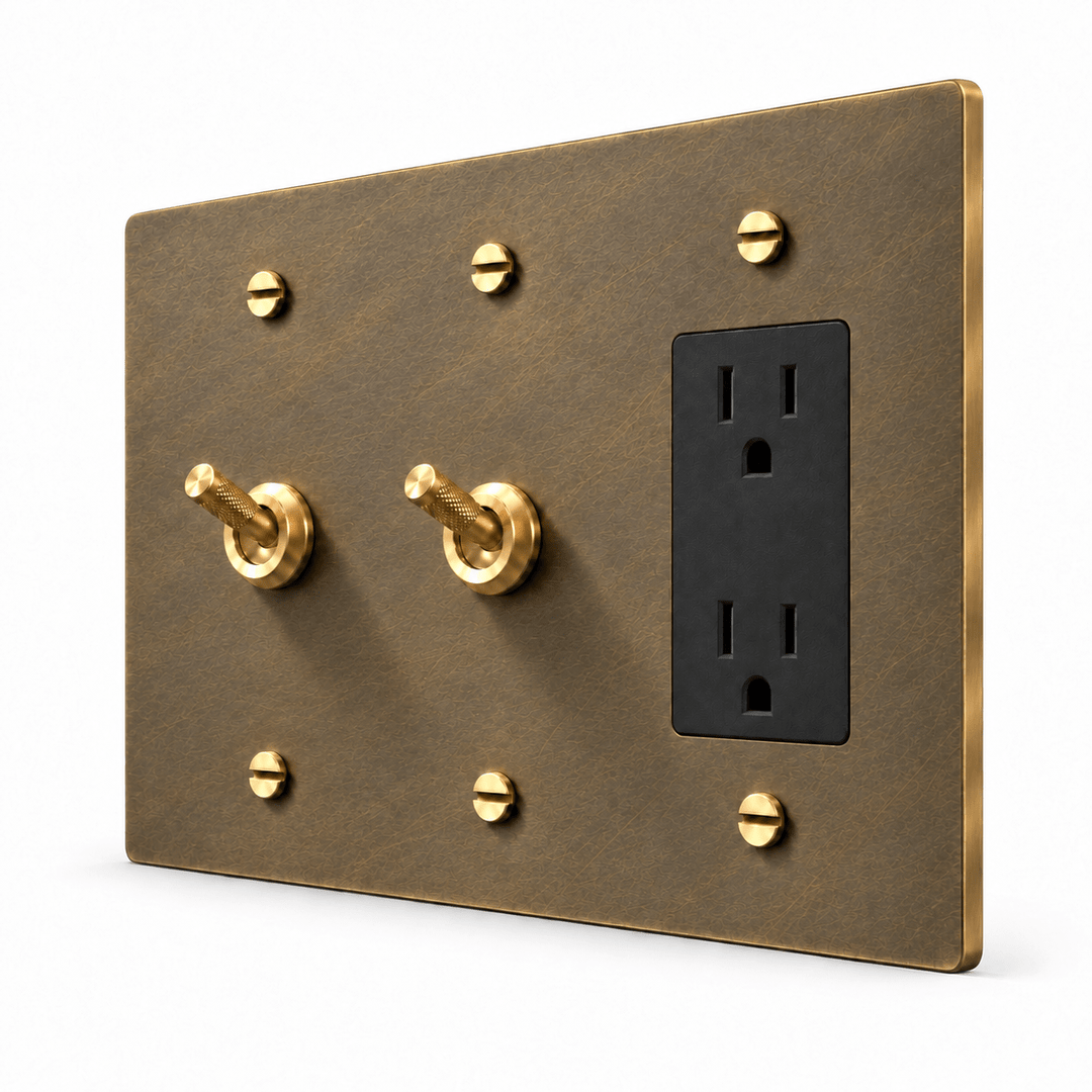 PlatePrestige 3-Gang 2 Knurled Toggle Light Switches & Outlet in Aged Brass