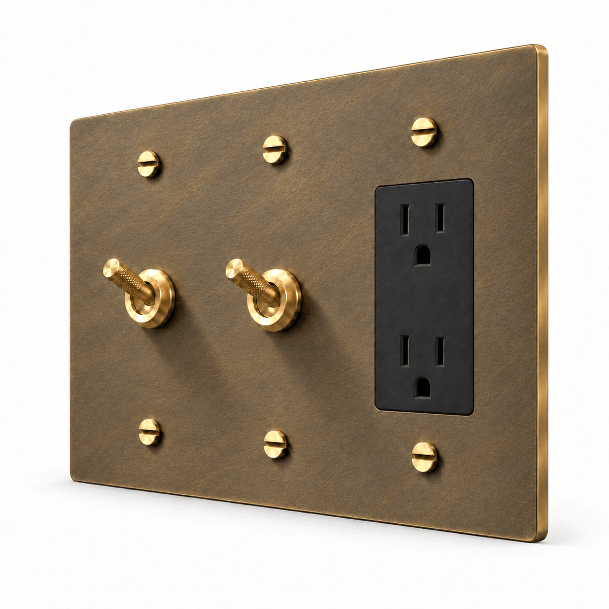 PlatePrestige 3-Gang 2 Knurled Toggle Light Switches & Outlet in Aged Brass