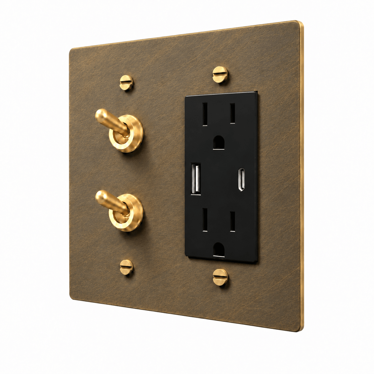 PlatePrestige Brass Stacked Retro Toggle & Outlet Combo Switch Plate in uniform brushed aged brass