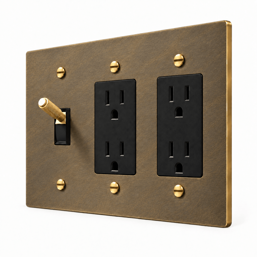 PlatePrestige 3-Gang Brass Knurled Toggle Light Switch & 2 Outlets in Aged Brass