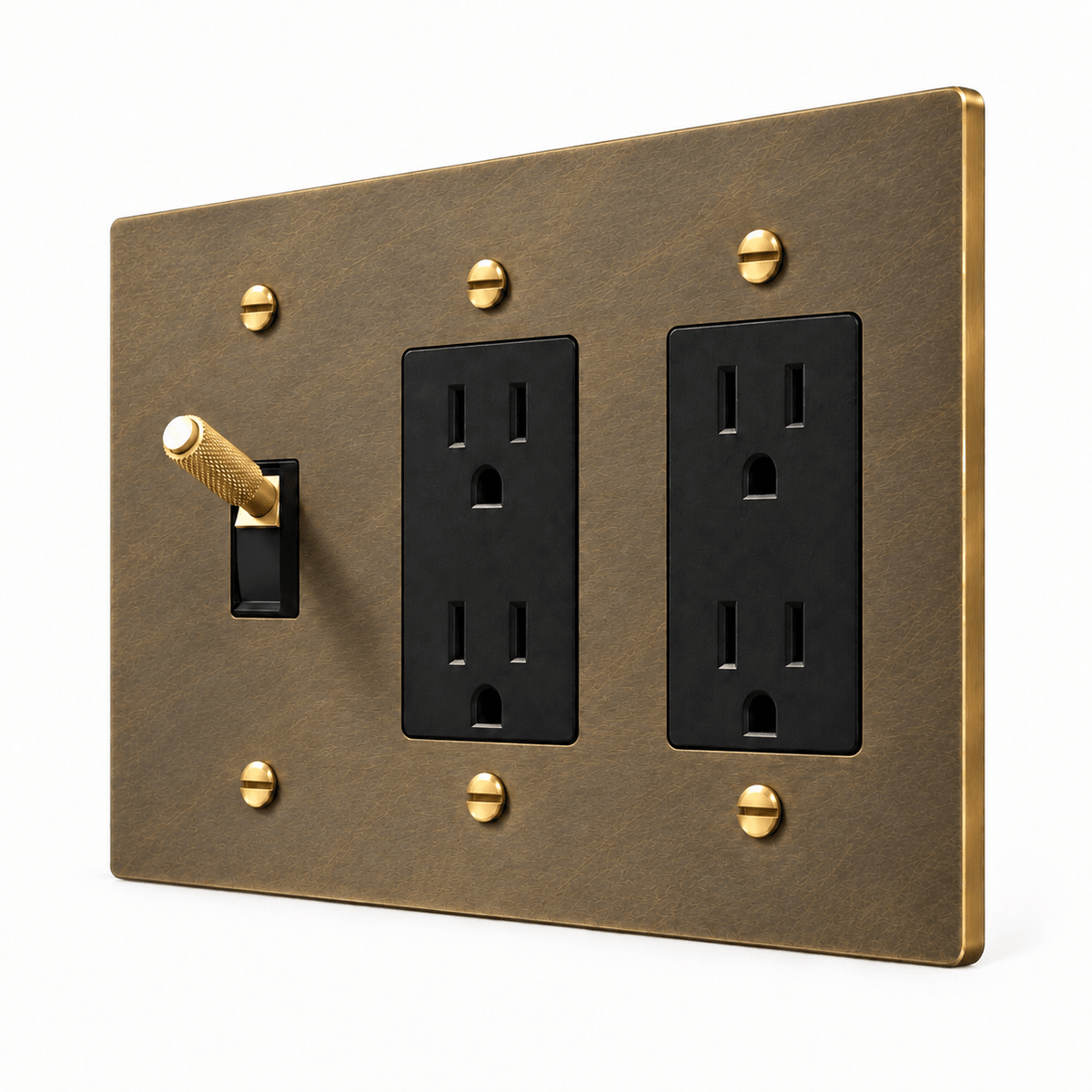 PlatePrestige 3-Gang Brass Knurled Toggle Light Switch & 2 Outlets in Aged Brass