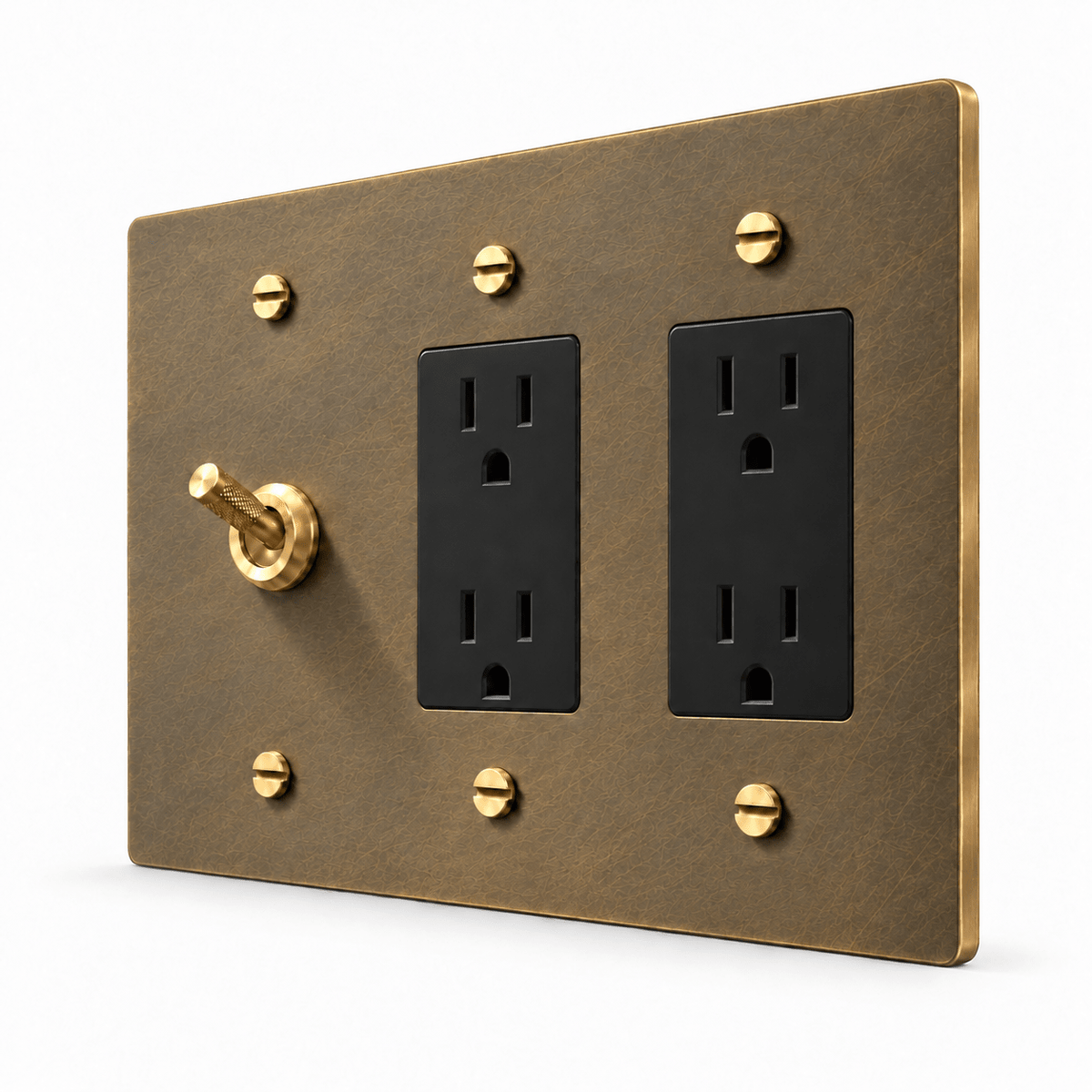 PlatePrestige 3-Gang Knurled Toggle Light Switch & 2 Outlets in Aged Brass