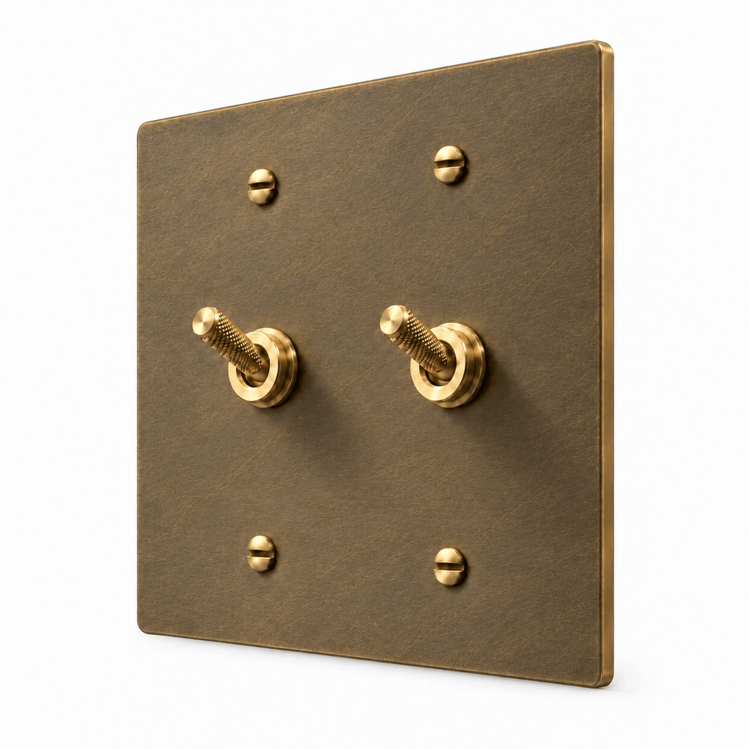PlatePrestige 2-gang Knurled Toggle Light Switch in Aged Brass