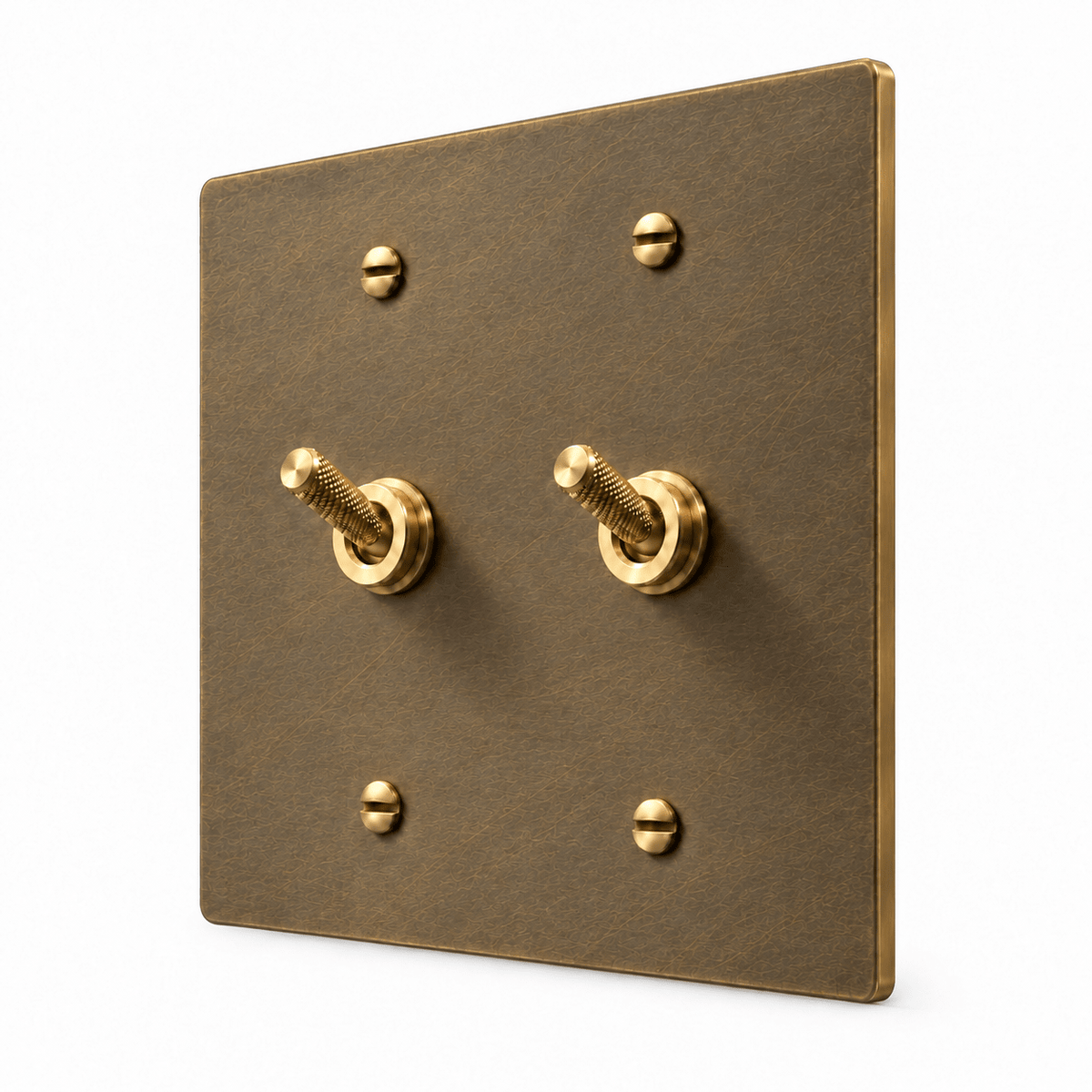 PlatePrestige 2-gang Knurled Toggle Light Switch in Aged Brass