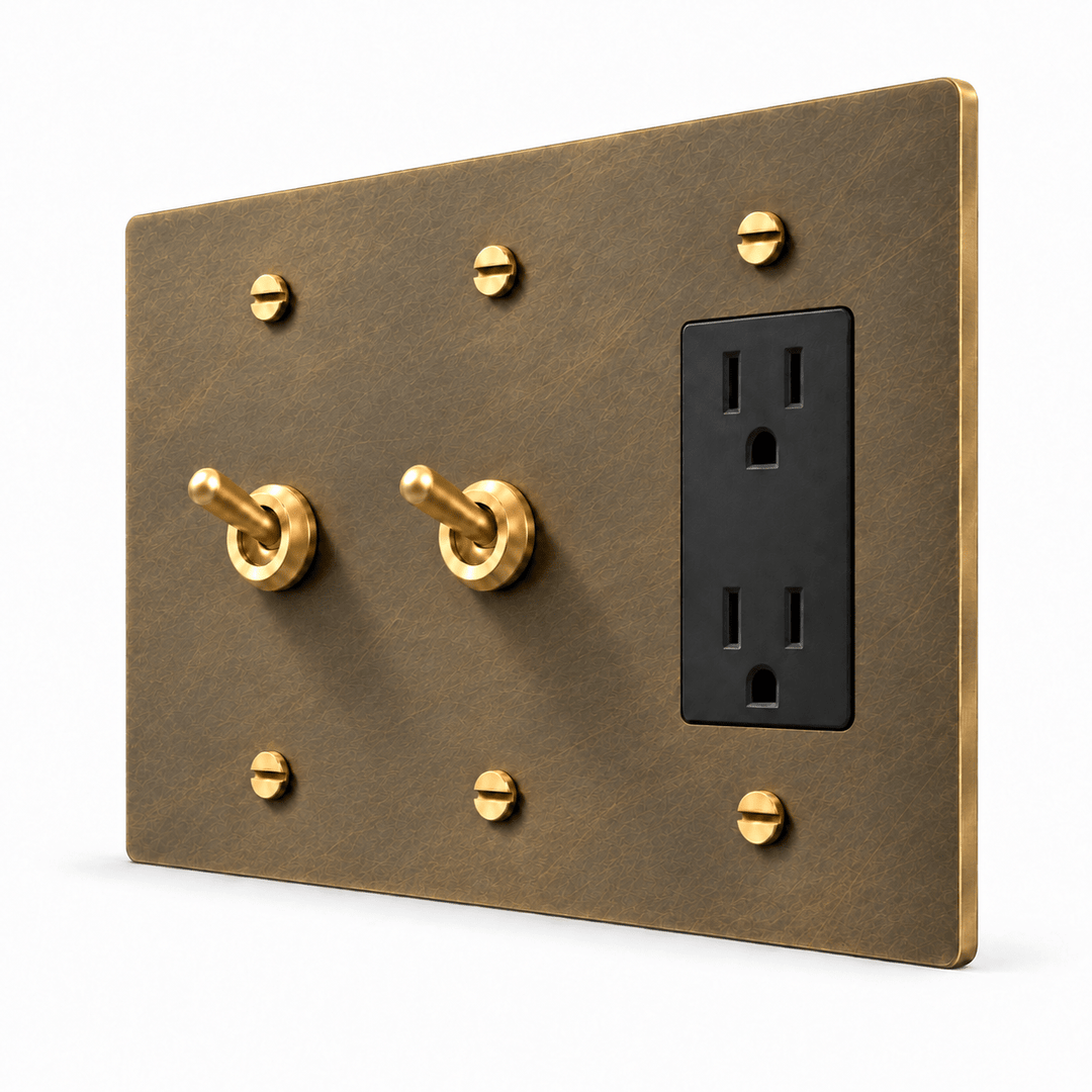 PlatePrestige 3-Gang 2 Retro Toggle Light Switches & Outlet in Aged Brass