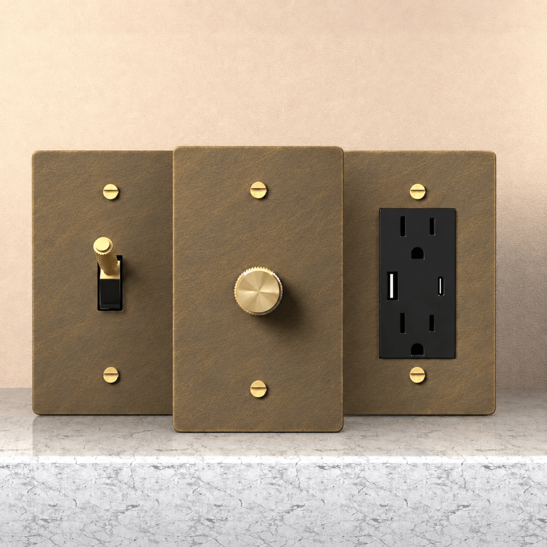 PlatePrestige aged brass sample kit with uniform brushed plates and brass hardware