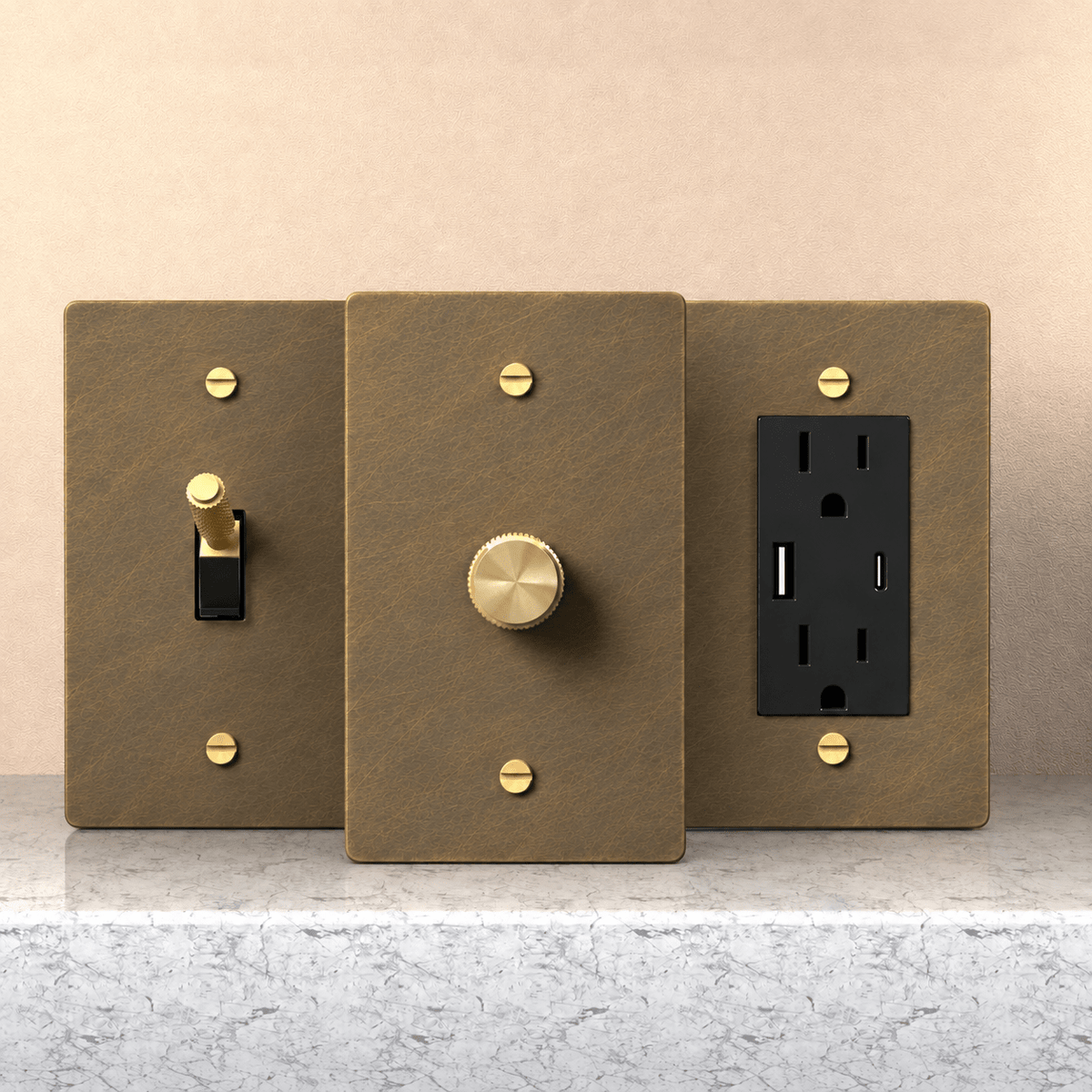 PlatePrestige aged brass hardware sample kit with matching brushed plates, brass toggle and dimmer, and black USB outlet