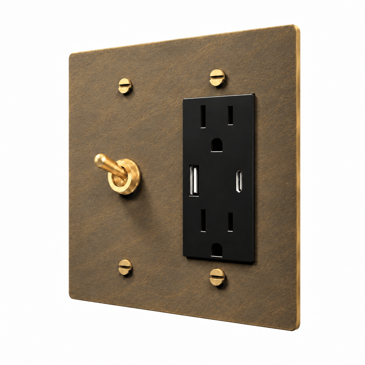 PlatePrestige Brass Retro Toggle & Outlet Combo Switch Plate in uniform brushed aged brass