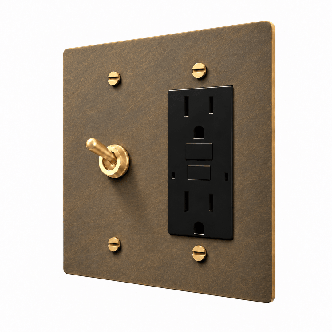 PlatePrestige Brass Retro Toggle & Outlet Combo Switch Plate in uniform brushed aged brass