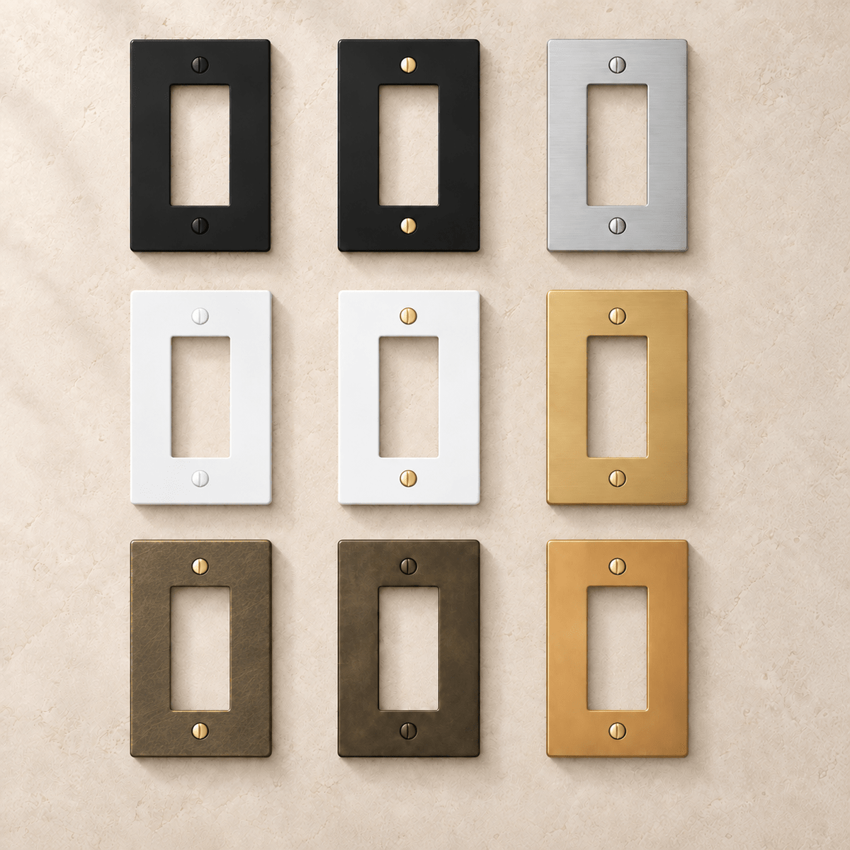 Nine PlatePrestige wall plate finishes, with uniform brushed aged brass at bottom left