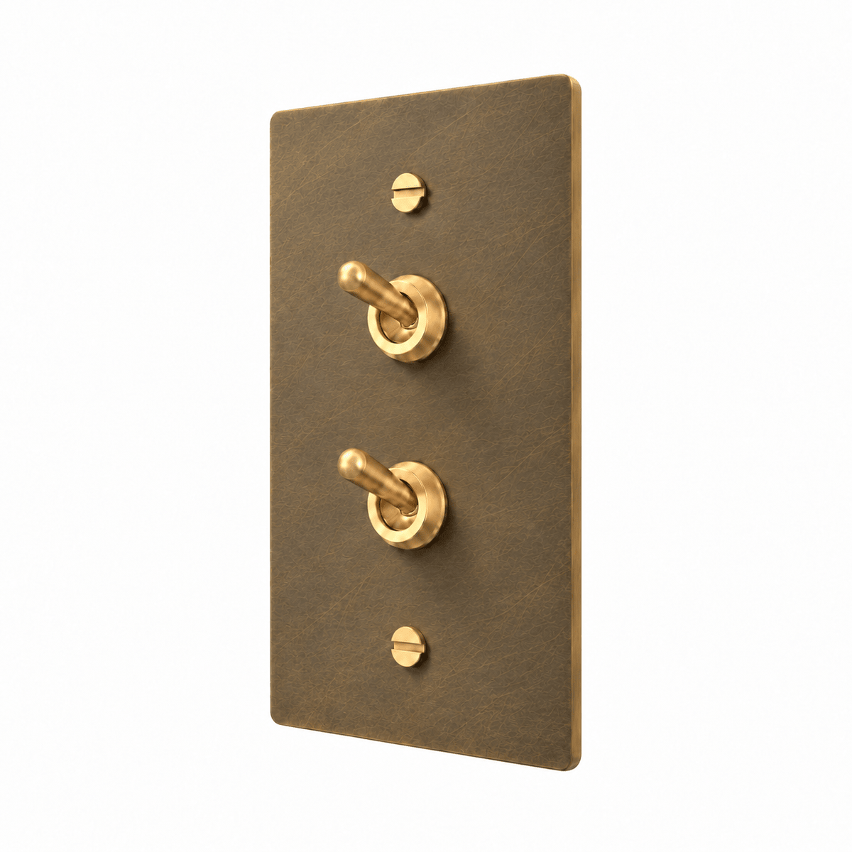 A two-handle lever switch plate in brushed brass, shown at a three-quarter angle against a solid white background.