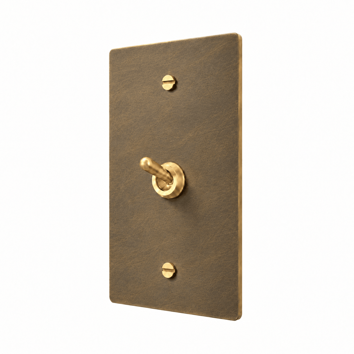 A single-toggle switch plate in brushed brass with a matching lever handle, shown on a solid white background.