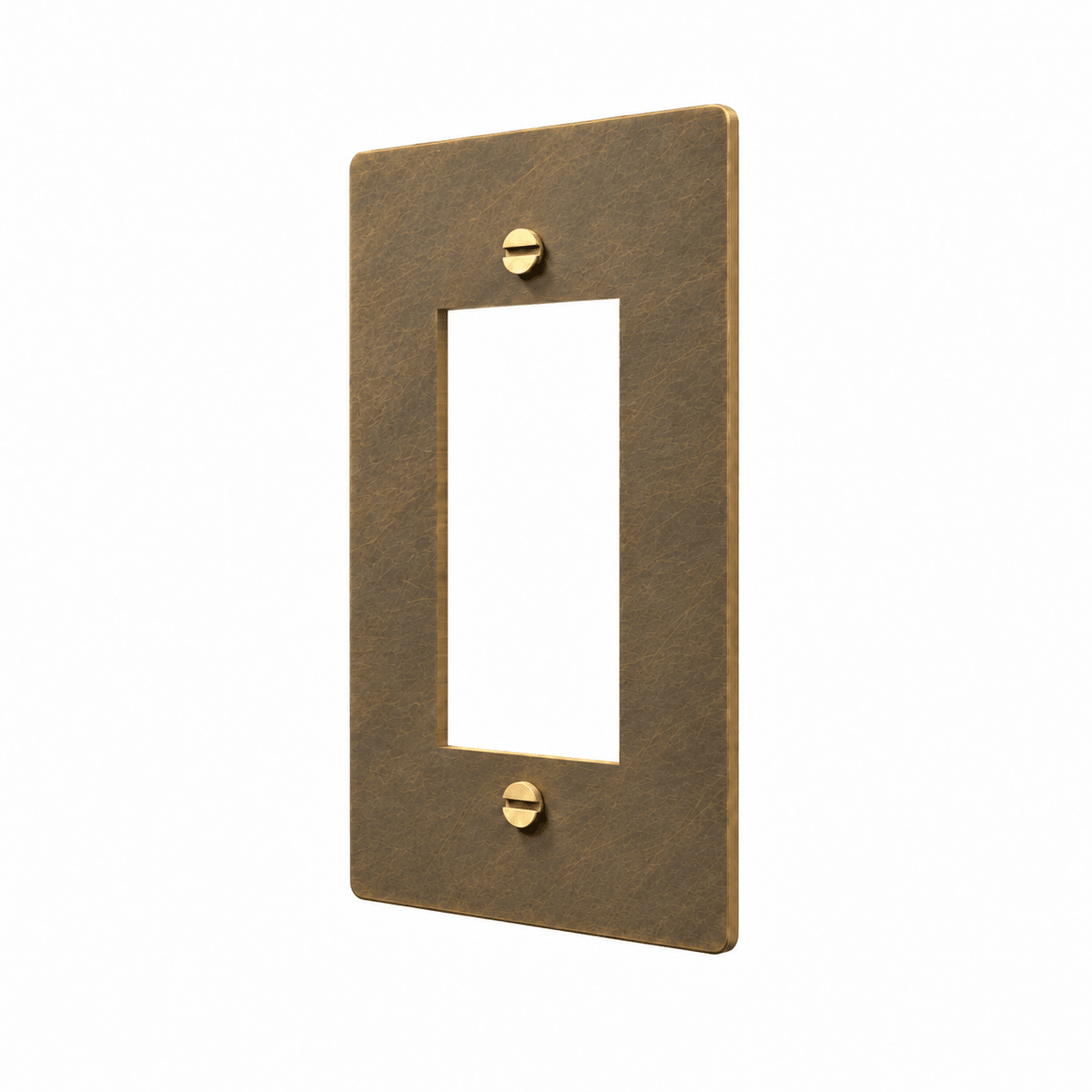 PlatePrestige aged brass single-piece finish sample with uniform brushed brown plate and brass screws